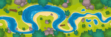 River Top View, Cartoon Curve Riverbed With Blue Water, Coastline With Rocks, Trees And Green Grass. Summer Nature Landscape, Beautiful Valley, Scenic Picturesque Natural Stream, Vector Illustration