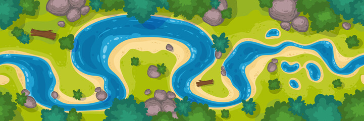 Wall Mural - River top view, cartoon curve riverbed with blue water, coastline with rocks, trees and green grass. Summer nature landscape, beautiful valley, scenic picturesque natural stream, vector illustration