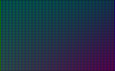 Poster - Led wall video screen with green, blue and red dot lights on black background. Vector background with grid pattern of pixels for led display. Digital panel with mesh of diode lamps