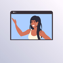 Poster - woman having virtual conference during video call remote work quarantine isolation communication concept african american woman in web browser window portrait vector illustration