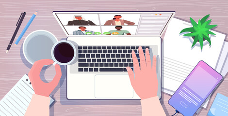 Poster - businessman using laptop chatting with mix race colleagues during video call online conference meeti