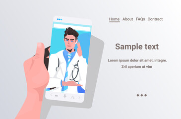 Wall Mural - male doctor in smartphone screen online medical consultation healthcare medicine concept patient having video chat with physician horizontal copy space vector illustration