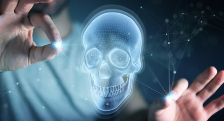 Poster - Man using digital x-ray skull holographic scan projection 3D rendering