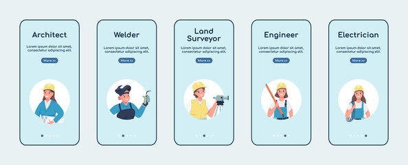 Poster - Non traditional women jobs onboarding mobile app screen flat vector template