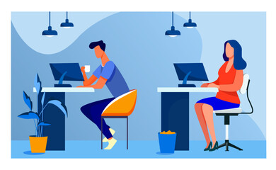 Employees working at computers. Office people, workplaces, co-working flat vector illustration. Corporate open space, professionals concept for banner, website design or landing web page