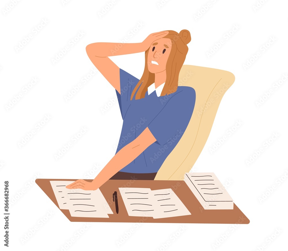 Stressed female worried about paperwork sitting at desk vector flat illustration. Frustrated woman make mistake in documents isolated. Nervous office worker having problem or misunderstanding - obrazy, fototapety, plakaty 