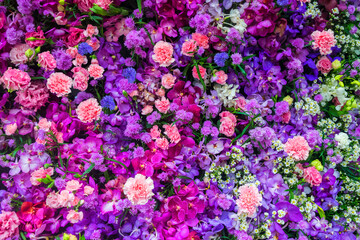 Wall Mural - Flower bouquet wall background made of pink and purple carnation and orchid flowers for background and wallpaper