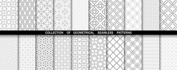 Geometric collection of gray and white patterns. Seamless vector backgrounds. Simple graphics.