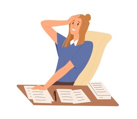 Poster - Stressed female worried about paperwork sitting at desk vector flat illustration. Frustrated woman make mistake in documents isolated. Nervous office worker having problem or misunderstanding