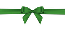 Green Bow And Horizontal Ribbon Realistic Shiny Satin With Shadow For Decorate Your Christmas Card Or Website Vector EPS10 Isolated On White Background.