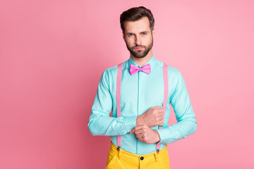 Sticker - Portrait of his he nice attractive imposing elegant fashionable content serious bearded guy star celebrity fixing button cufflink preparing isolated over pink pastel color background