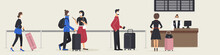 People Stand In Queue Or Queuing At Check-in Desk To Check In For Flight In Airport. Men And Women With Luggage Waiting For The Departure Of The Plane At The Terminal. Color Flat Raster Illustration