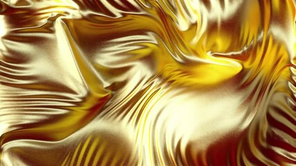 Wall Mural - Developing gold cloth silk textile 3D animation. Golden wavy cloth surface with ripples and folds in tissue. Gold background.