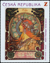 Illustration Of Zodiac By Alfonse Mucha On Postage Stamp