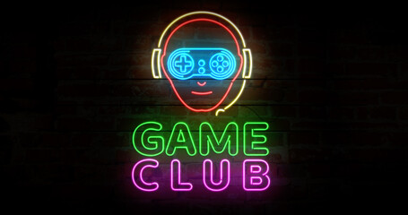 Wall Mural - Game club with gamer symbol neon on brick wall