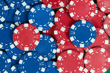 Battle Blue Versus Red Yin Vs Yang Casino Playing Poker Chips. Abstract Pattern Background