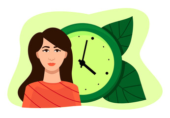 Beautiful, young woman against the clock. Symbol of biohacking, extending youth and life span, taking care of the body, increasing the quality of health and well-being. Cartoon vector illustration.