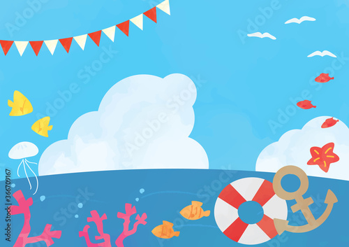 夏の海背景イラストと海の生き物フレーム素材 Stock Vector Adobe Stock