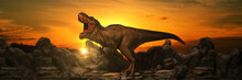 Dinosaurs On Rock Mountain At Sunset. 3d Rendering
