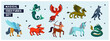 Magical creatures set. Mythological animals. Flat style vector illustration isolated on white background. horizontal page.