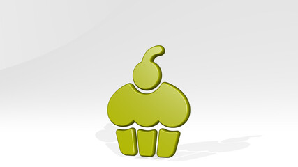 CUPCAKE made by 3D illustration of a shiny metallic sculpture with the shadow on light background. bakery and birthday