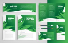 Green Leaves Theme Foliage Set Flyer Cover, Tri-fold, Banner, Roll Up Banner, Business Card Green Color