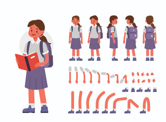 Wall Mural - school girl character constructor for animation. front, side and back view. cute kid in school unifo