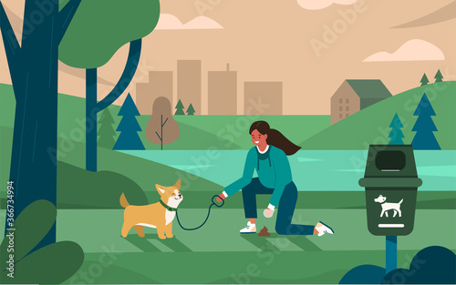 Fotomural Pet Owner Walking with Dog in Park and Gathering Excrement in Special Bag