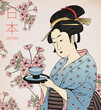 Woman in a Kimono holding a teacup. Traditional Japanese style / Geisha costume / Traditional painting / Flower pattern. Vector illustration.