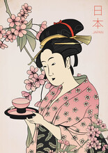 Woman In A Kimono Holding A Teacup. Traditional Japanese Style / Geisha Costume / Traditional Painting / Flower Pattern. Vector Illustration.