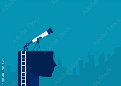 Cuadros en Lienzo businessman looking sky on the head with big telescope for discovery new invest