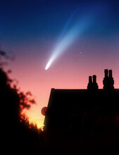 Comet Neowise And Its Gas And Dust Tails In The Night Sky After Sunset. Photo Composite.
