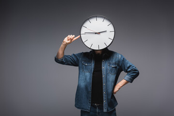 Wall Mural - Man with clock on head pointing with finger on grey background, concept of time management