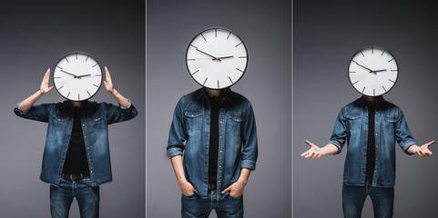 Collage of man with clock on head gesturing on grey background, concept of time management