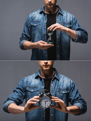 Wall Mural - Collage of man holding alarm clock and hourglass isolated on grey, concept of time management
