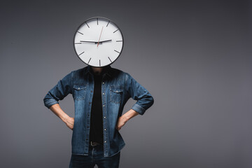 Wall Mural - Man with clock on head and hands on hips on grey background, concept of time management