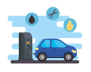 Sticker - vehicle car sedan in fuel station with set icons oil fuel