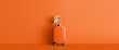 Pumpkin wall behind suitcase with hat and sunglasses. Clean travel concept. 3d Rendering