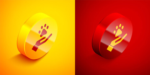 Sticker - Isometric Hands with animals footprint icon isolated on orange and red background. Pet paw in heart. Love to the animals. Circle button. Vector.