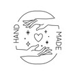 © Eireen - Vector trendy hand made label or badge of gesture in linear modern style isolated. Emblem or logo with hands holding heart and stars - hand made, made with love, donate