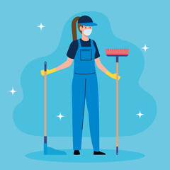 Sticker - woman cleaning worker wearing medical mask with equipment, woman janitor wearing medical mask with broom and housekeeping picker