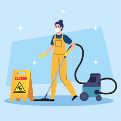 Sticker - woman cleaning worker wearing medical mask with vacuum cleaner, woman janitor wearing medical mask with vacuum cleaner and signage caution