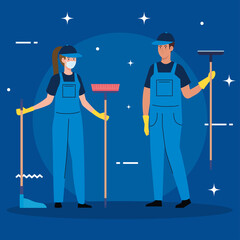 Sticker - janitors team cleaning service, couple cleaners wearing medical mask, in uniform working with professional equipment of cleaner