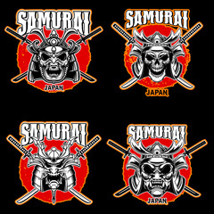 Wall Mural - Set of vintage monochrome illustrations of samurai helmets and crossed swords. Design element for logo, label, sign, poster, t shirt. Vector illustration