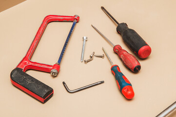 A set of tools for installing a furniture sliding wardrobe.