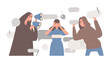 Stop spreading fake news and hoax vector flat illustration. Sad young woman covers ears with hands to stop people with loudspeakers and speech bubbles telling false news.