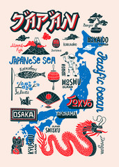 Illustrated hand-drawn typographic poster about Japan. Travel and attractions. Souvenir print