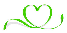 Ribbon Green Heart Shape Isolated On White, Ribbon Line Green Heart-shaped, Heart Shape Ribbon Stripes Green, Copy Space, Border Tape Curl Heart Shaped For Decoration Greeting Valentine's Day