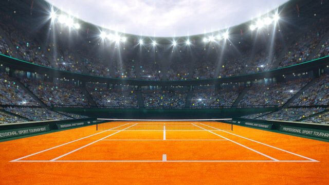 Wall Mural -  - Orange clay tennis court and illuminated outdoor arena with fans, upper front view, professional tennis sport 3d illustration background.