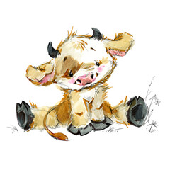 cute little calf. funny cow watercolor illustration. cartoon bul. farm animal.